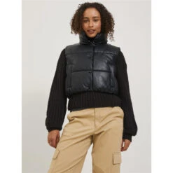 Doudoune Sans Manche Crop Simili-cuir Breezy Noir Femme - Jjxx
