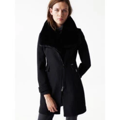 Manteau En Laine Col Fourrure Noir Femme - Salsa