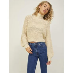 Pull Crop Col Montant Kelvy Chunky Beige Femme - Jjxx