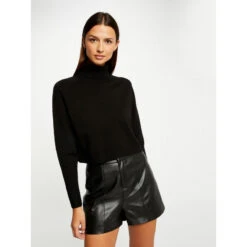 Pull Crop Col Roulé Court Noir Femme - Morgan