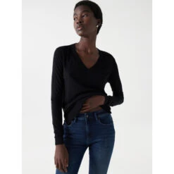 Pull En Laine Fin Col V Noir Femme - Salsa