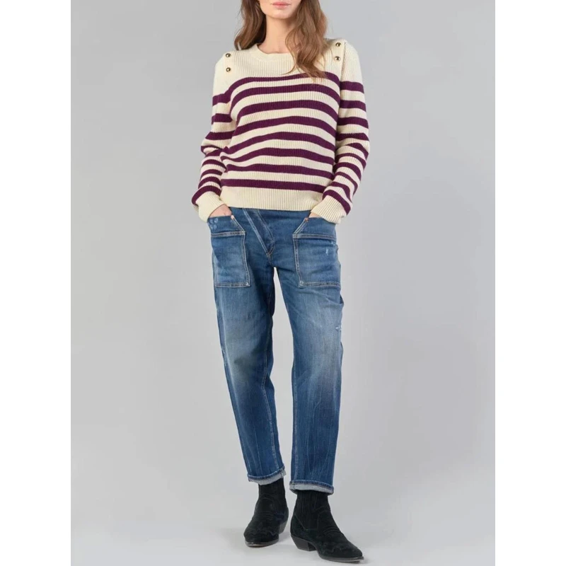 Pull Fania à Rayures Violet Crème Femme - Le Temps Des Cerises 3 Pull Fania à Rayures Violet Crème Femme - Le Temps Des Cerises