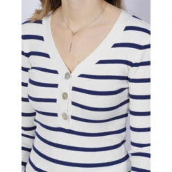 Pull Maille Rib Rayé Bouton Blanc Bleu Femme - Salsa 9 Pull Maille Rib Rayé Bouton Blanc Bleu Femme - Salsa -Le Dressing Parfait pull maille rib raye bouton blanc bleu femme salsa 3