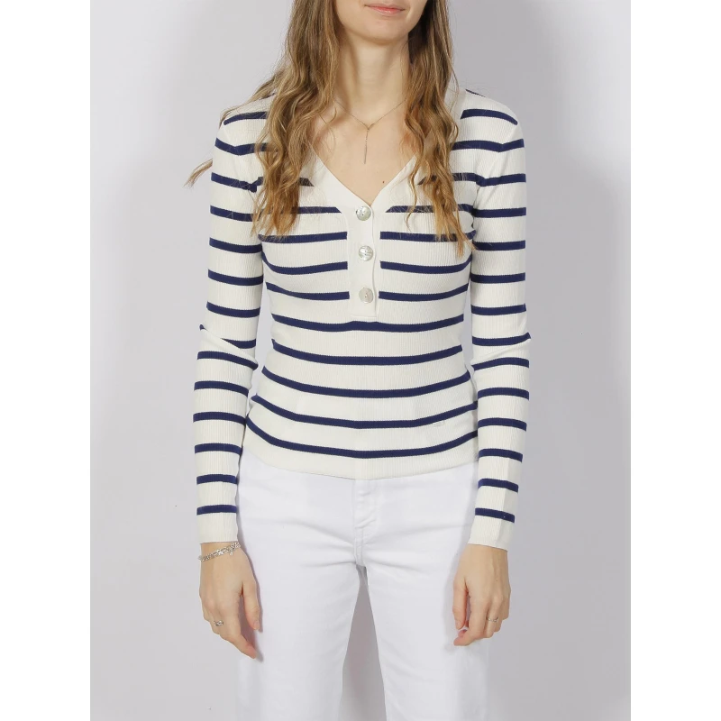 Pull Maille Rib Rayé Bouton Blanc Bleu Femme - Salsa 3 Pull Maille Rib Rayé Bouton Blanc Bleu Femme - Salsa